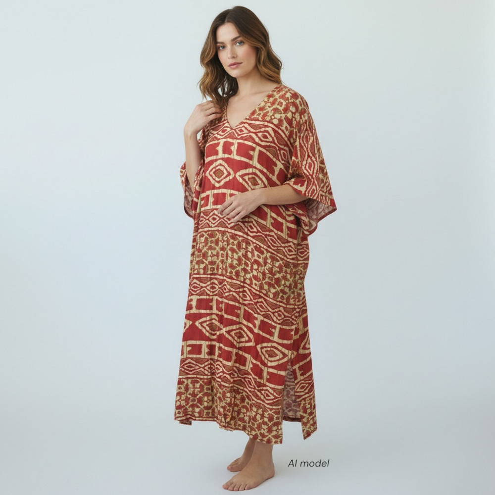 Vintage Mary McFadden Dress Womens XL Red Aztec Geo Kaftan Maxi MuMu Pockets USA